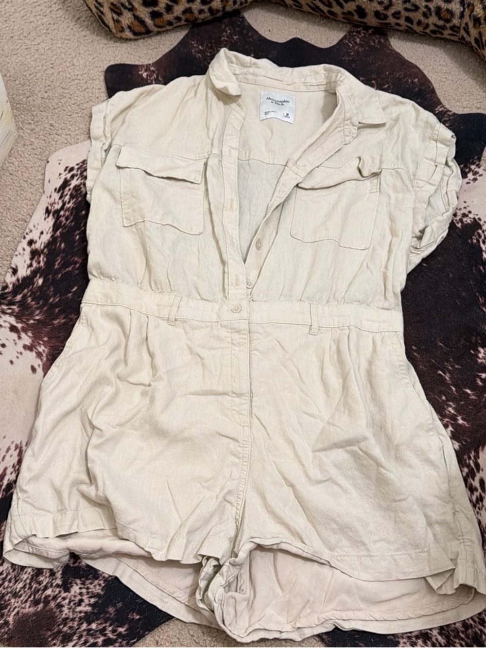 Abercrombie & Fitch Cream Short-Sleeve Utility Romper